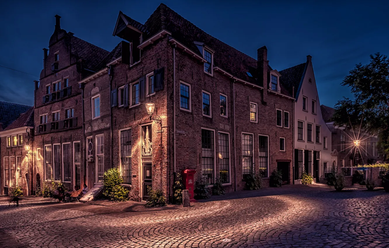 Photo wallpaper street, home, the evening, lights, Netherlands, Deventer, osni