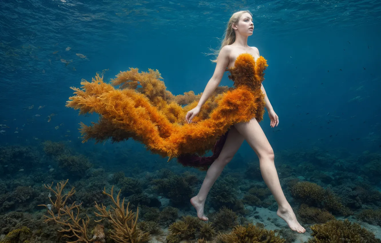 Photo wallpaper long legs, seaweed dress, Walking along the bottom, under water, gait, fantasy art, girl, stones