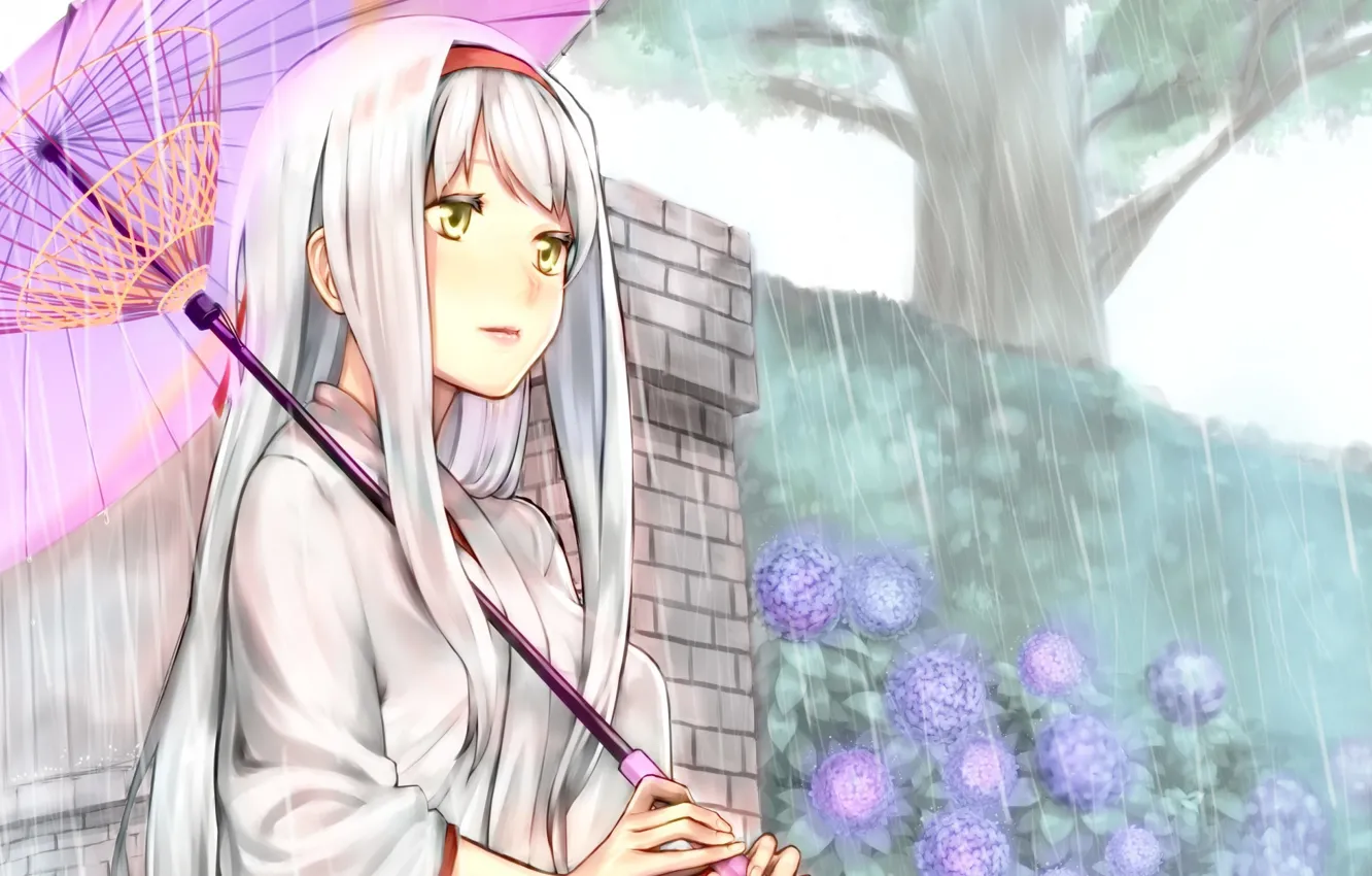 Photo wallpaper girl, trees, rain, umbrella, long hair, hydrangea