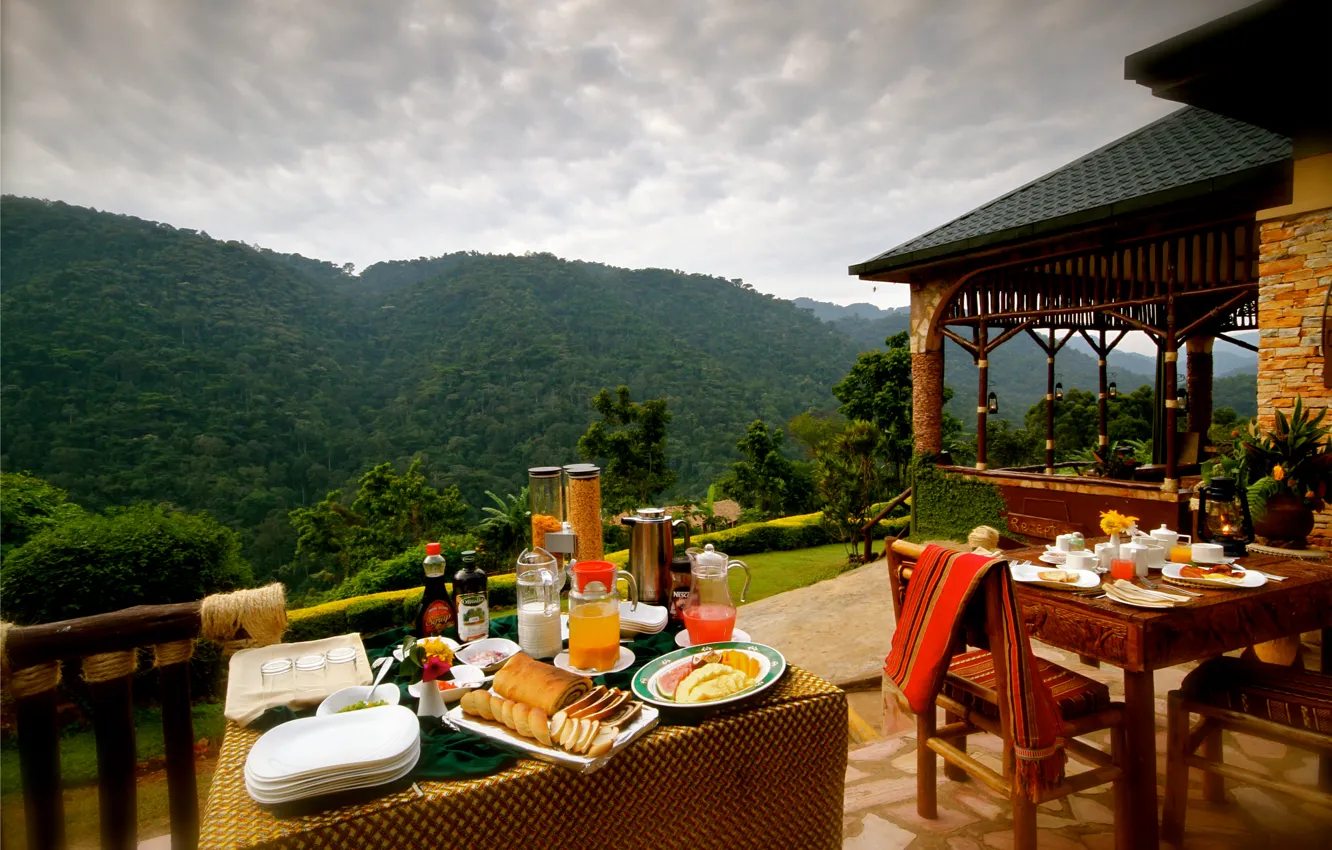 Photo wallpaper mountains, restaurant, table, terrace, lunch