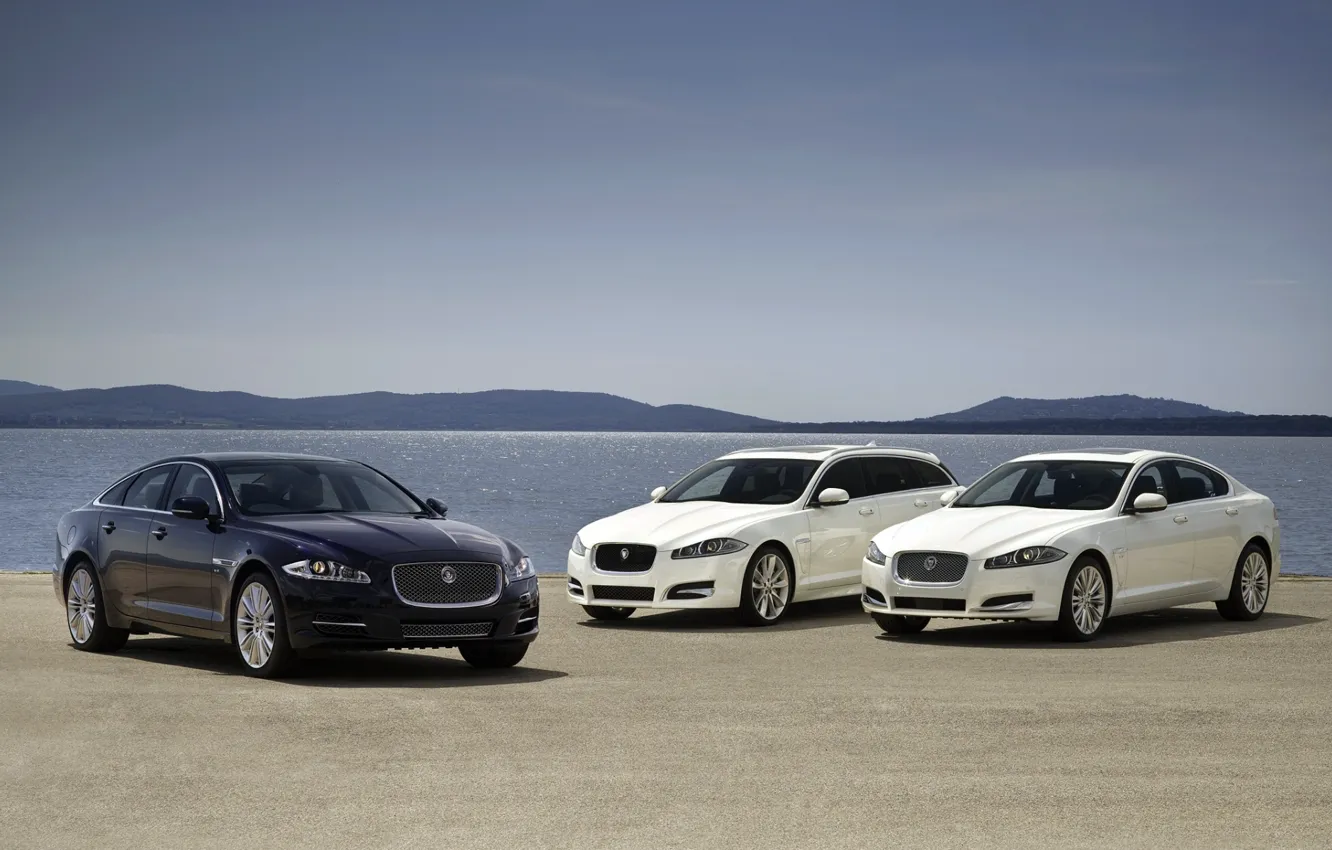 Photo wallpaper white, the sky, water, blue, Jaguar, horizon, Jaguar, sedan