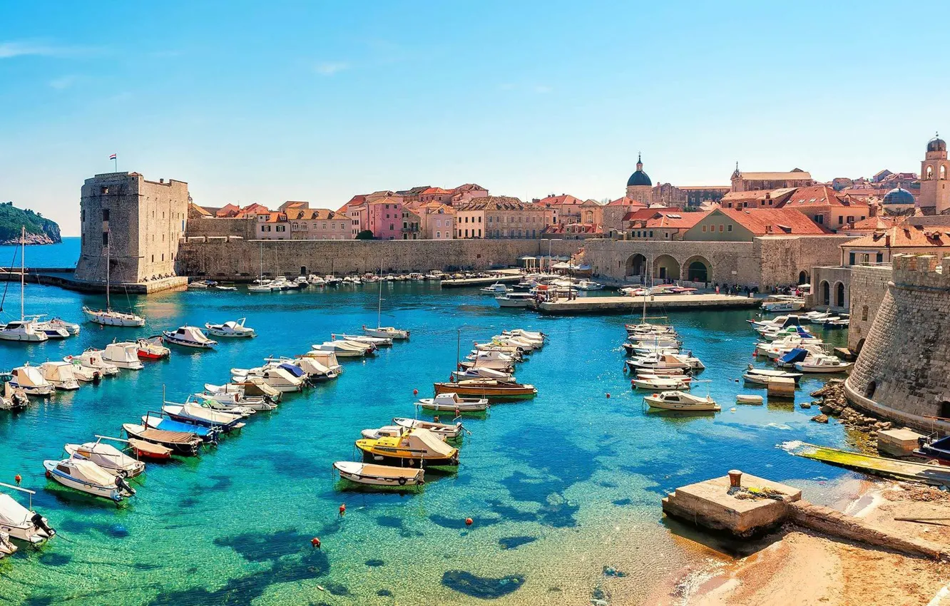 Photo wallpaper sea, the city, boat, Marina, Bay, fortress, Croatia, Dubrovnik
