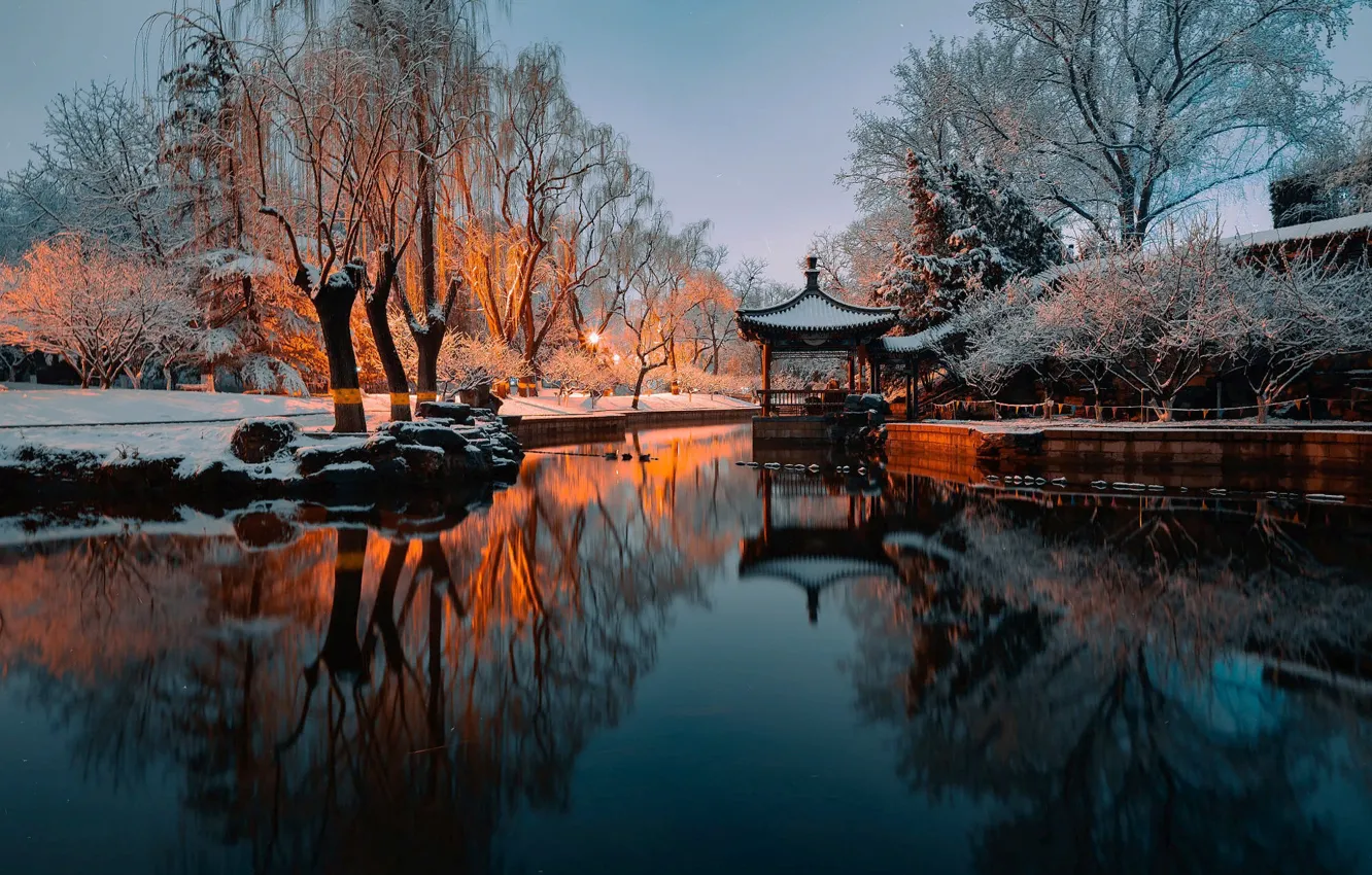 Photo wallpaper winter, water, snow, trees, landscape, Park, the evening, lighting