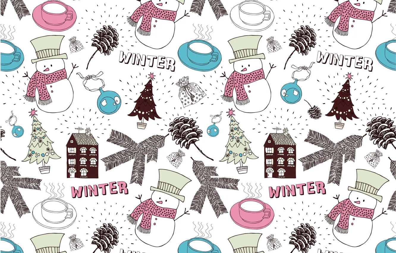 Photo wallpaper winter, house, new year, ball, Christmas, Cup, snowman, tree