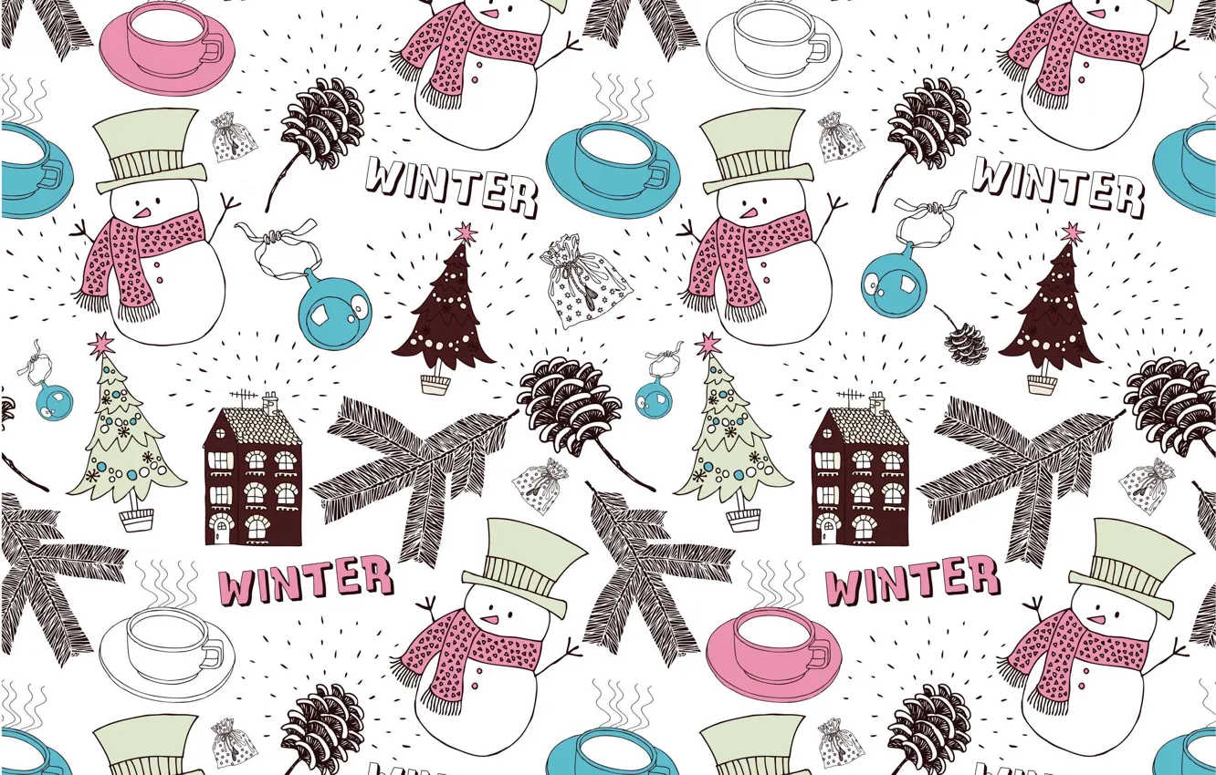 Photo wallpaper winter, balls, tree, new year, home, Christmas, Cup, snowman
