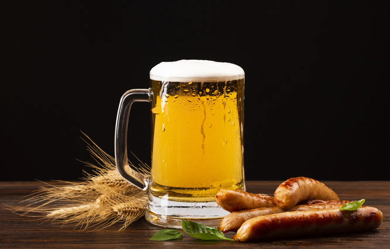 Photo wallpaper foam, glass, sausage, beer, beer, hops, kupaty