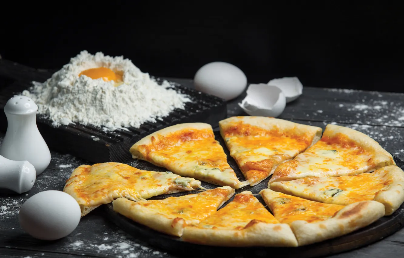 Photo wallpaper eggs, cheese, pizza, pizza, flour, the dough, cheese, 4 cheese