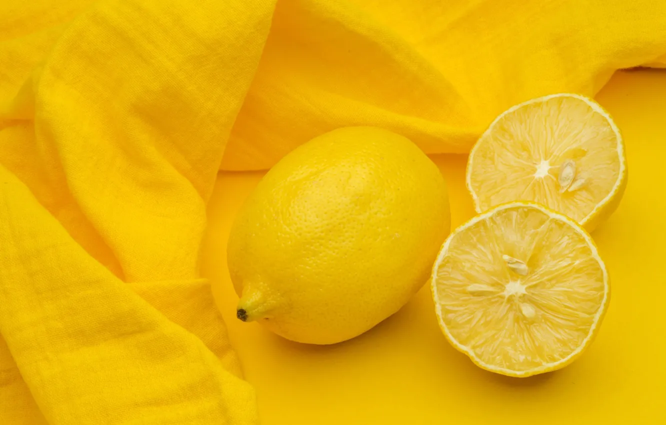 Photo wallpaper yellow, lemon, towel, yellow background, halves
