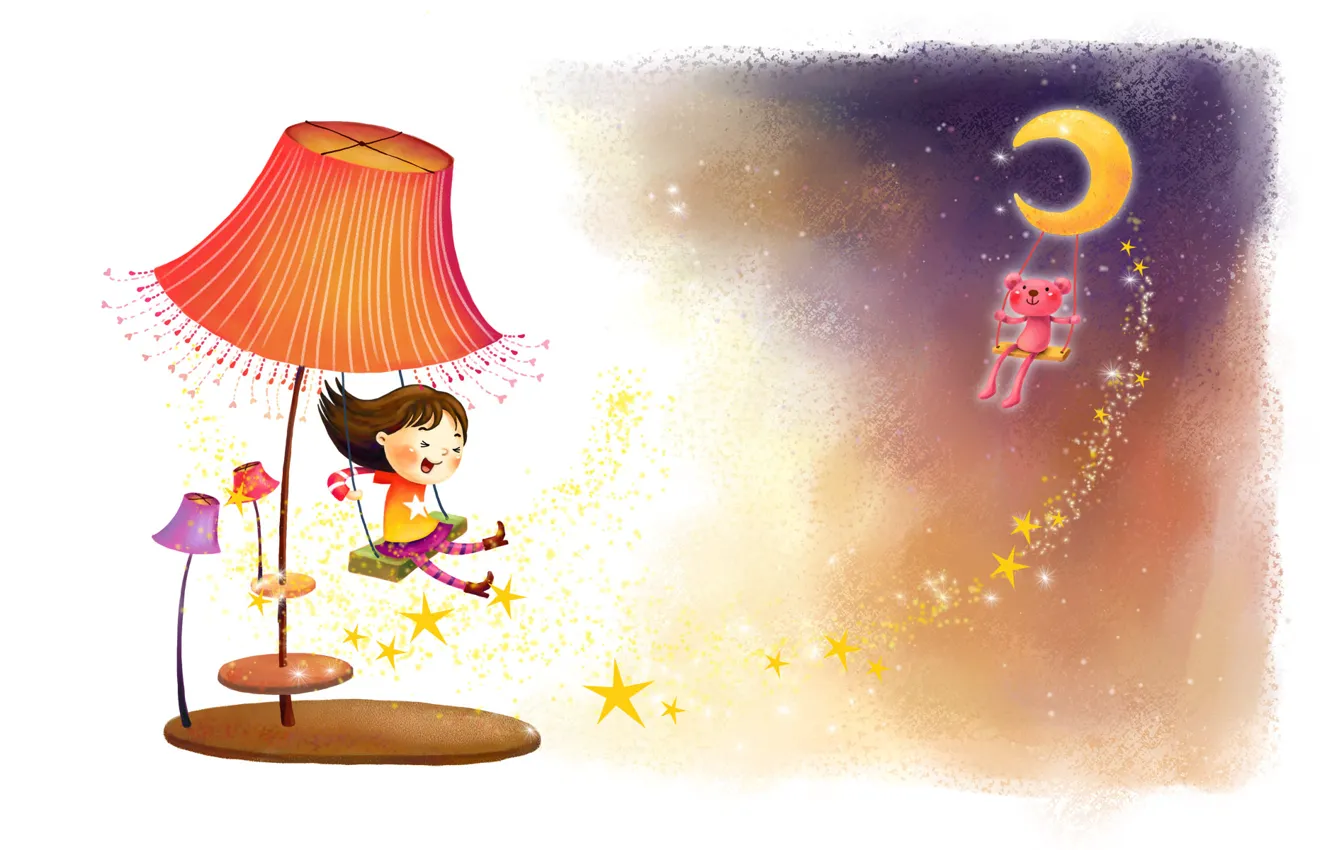 Photo wallpaper childhood, fantasy, swing, the wind, figure, lamp, laughter, stars