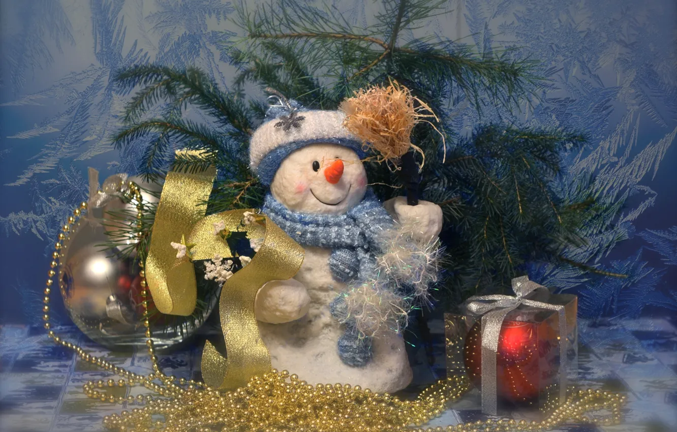 Photo wallpaper pattern, toys, spruce, frost, snowman
