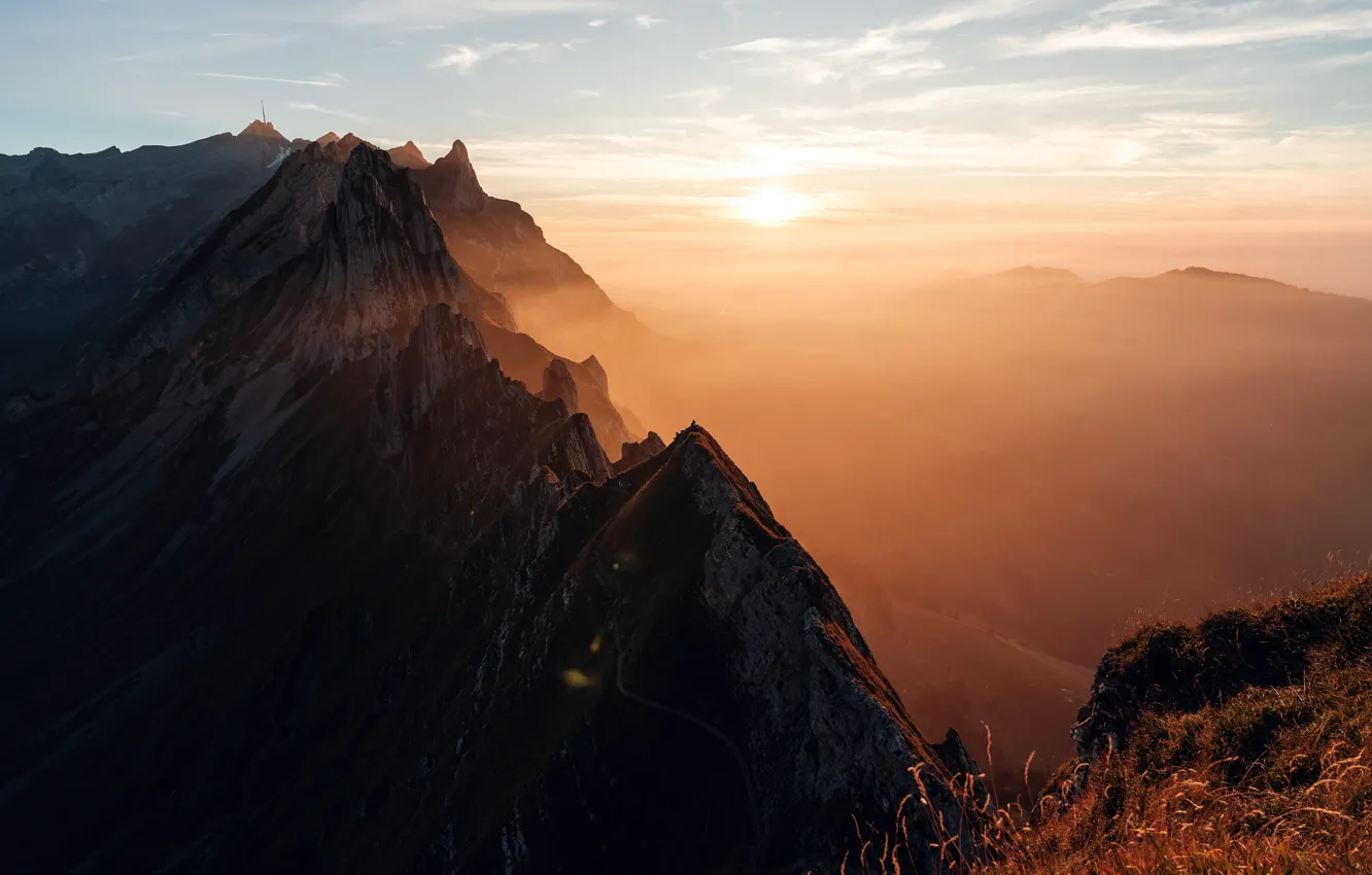 Photo wallpaper mountains, beauty, Switzerland, space, sunrise, Switzerland, sunrise, New Year 2024