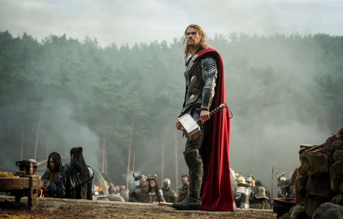 Photo wallpaper cinema, Marvel, movie, hero, film, God, Chris Hemsworth, Mjolnir