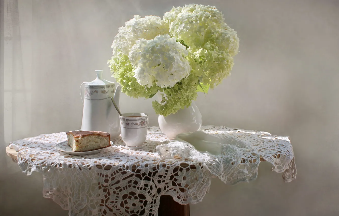 Photo wallpaper summer, still life, cakes, hydrangea, porcelain