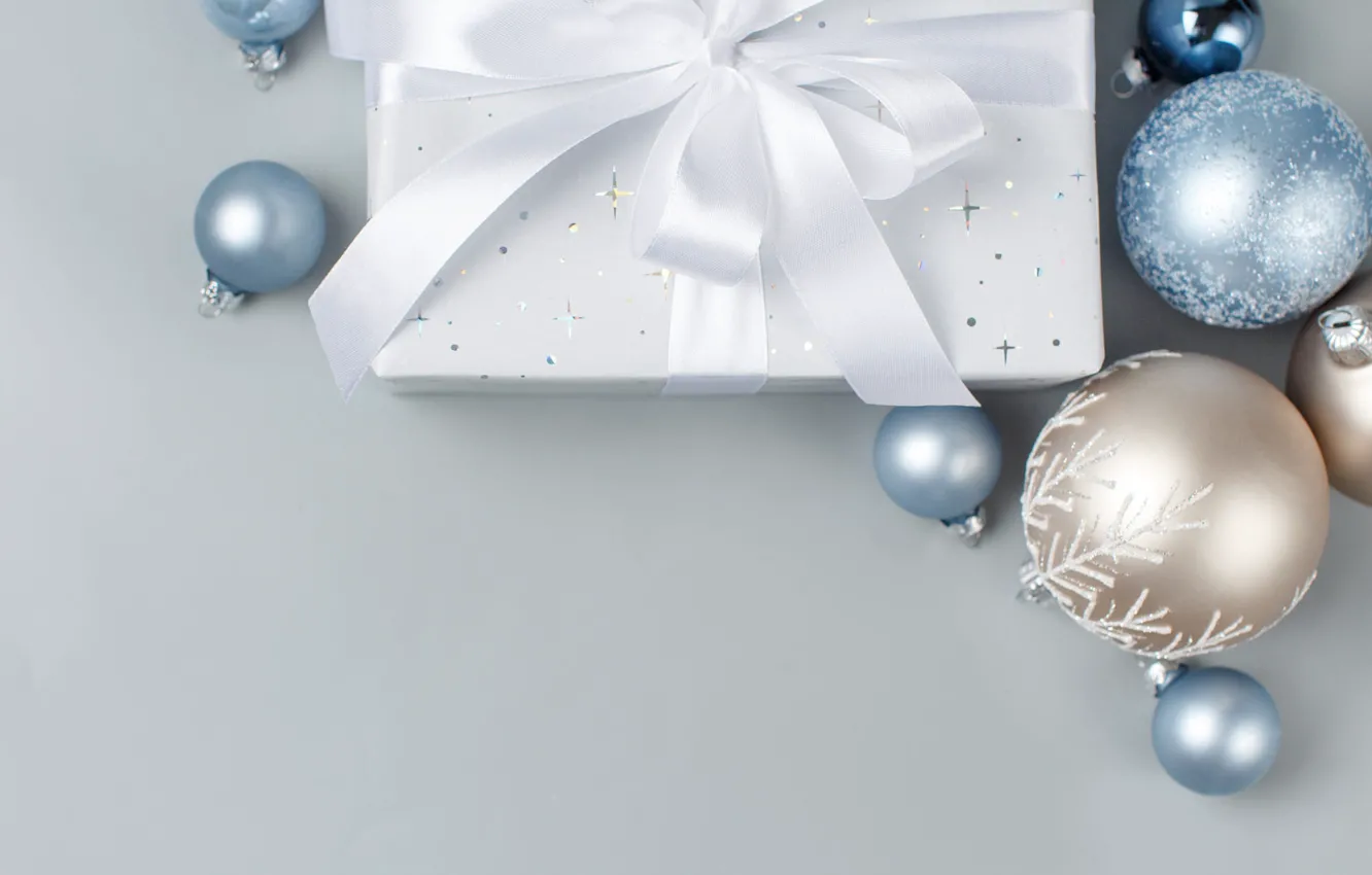 Photo wallpaper winter, balls, holiday, box, gift, balls, Christmas, tape