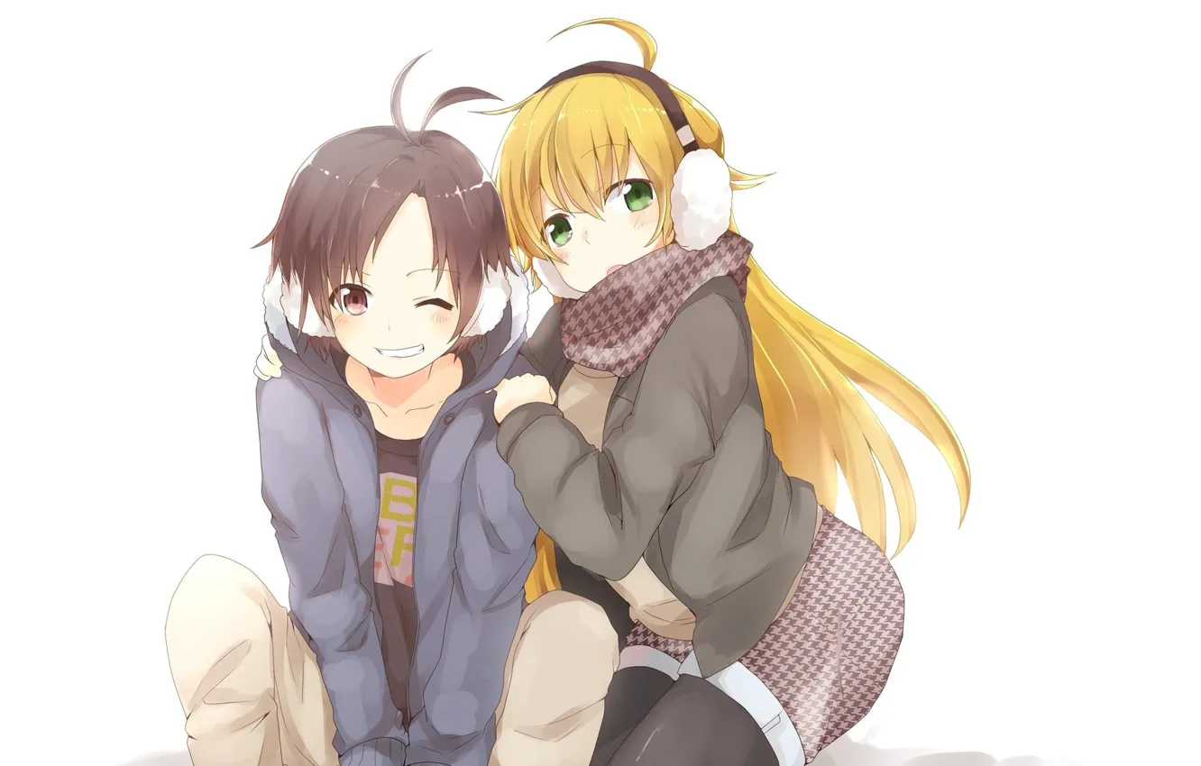 Photo wallpaper smile, mood, anime, headphones, art, girl, guy