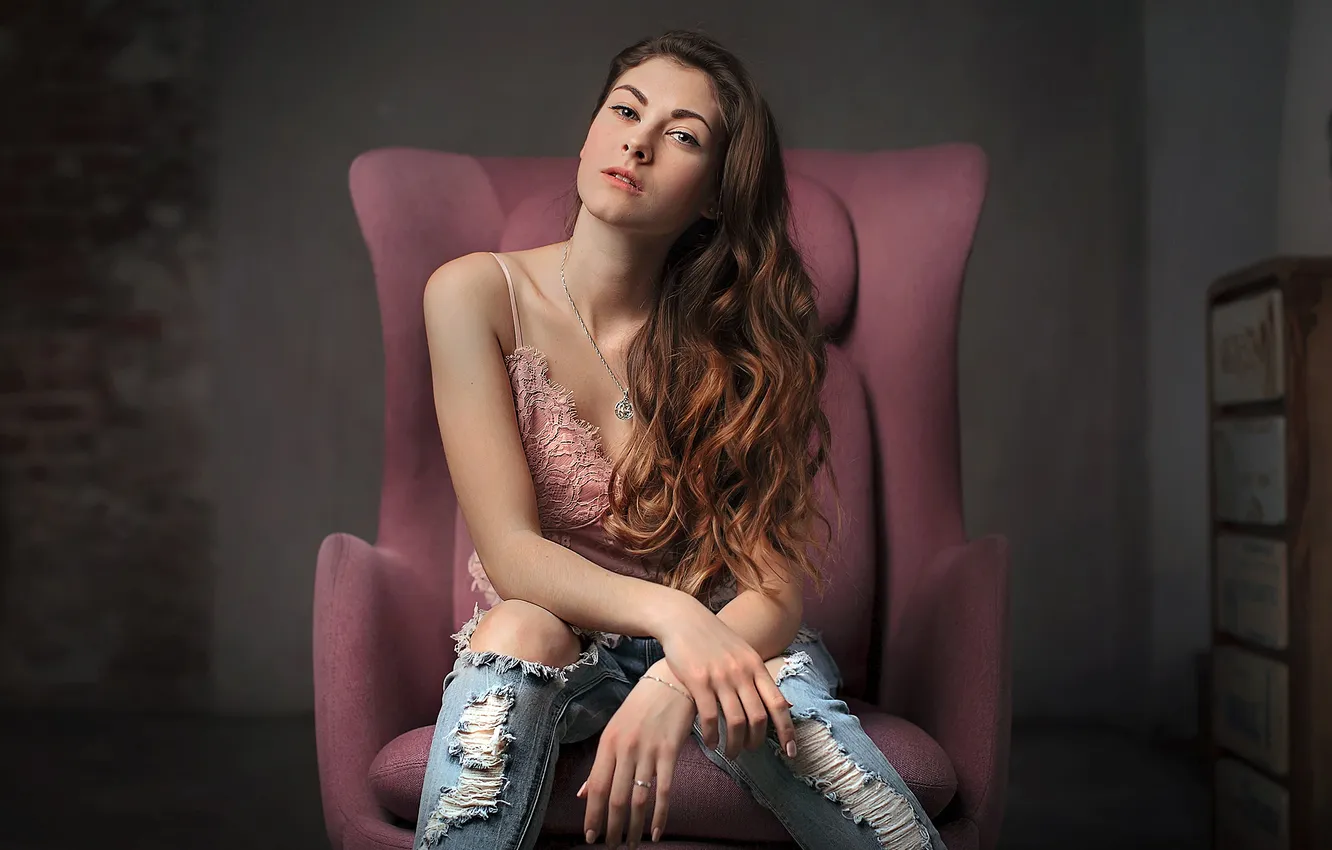 Photo wallpaper look, pose, model, portrait, jeans, hands, makeup, Mike