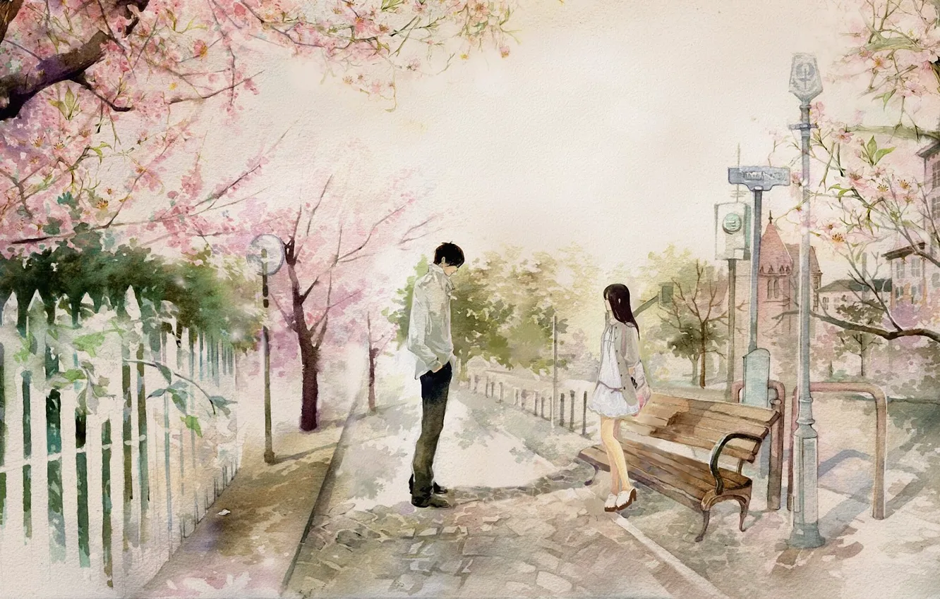 Photo wallpaper girl, bench, the city, Park, Sakura, art, shop, guy