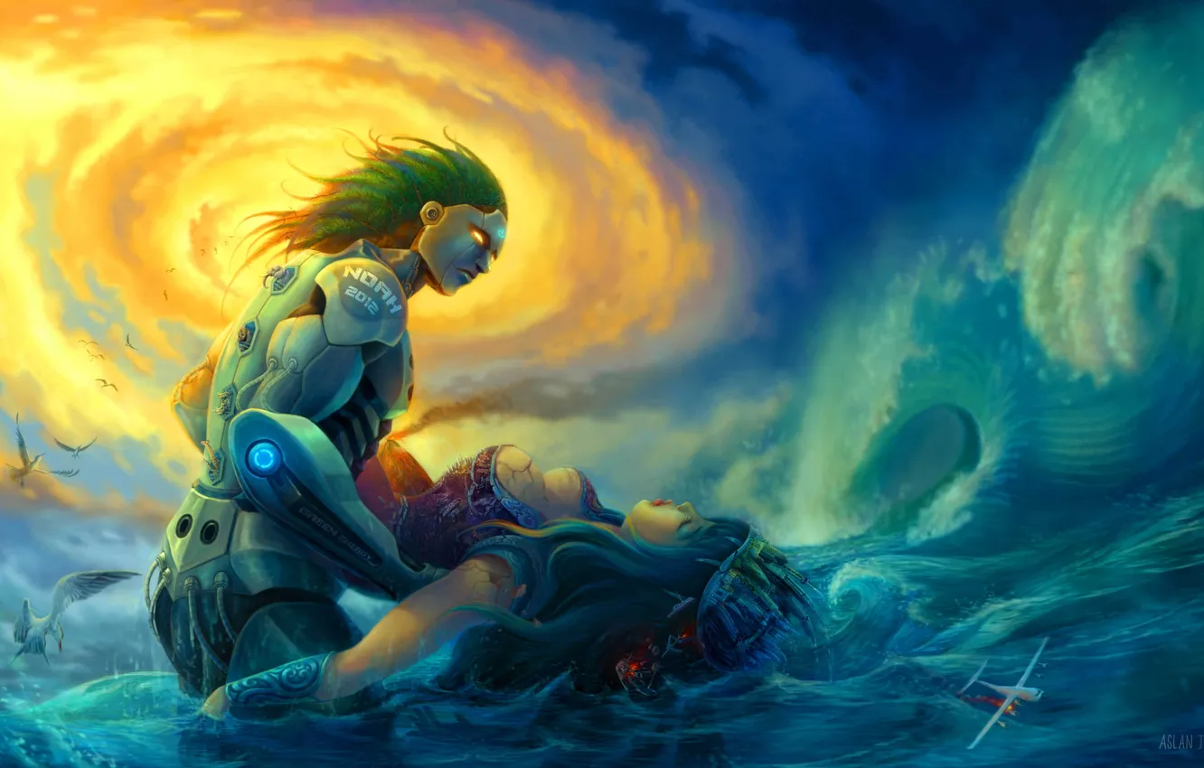 Photo wallpaper sea, wave, girl, bird, robot, art, guy, the plane