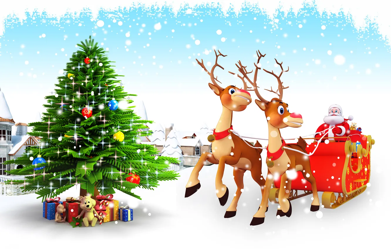 Photo wallpaper snow, gift, tree, new year, deer, Christmas, Santa Claus, Christmas