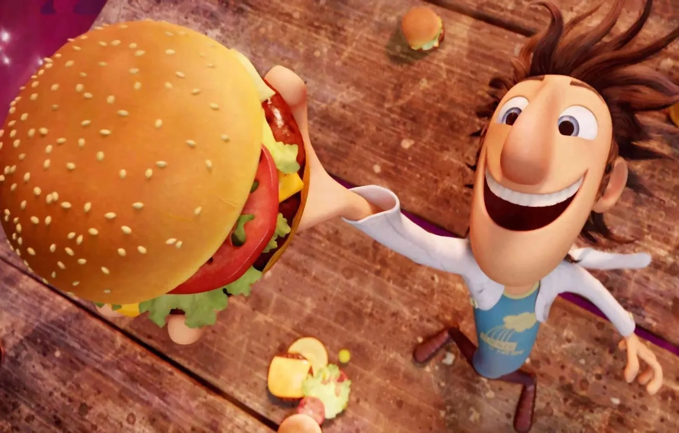 Photo wallpaper cartoon, hamburger, scientist, Cloudy with a Chance of Meatballs