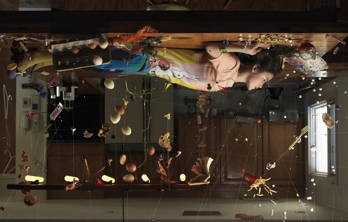 Photo wallpaper girl, bed, the ceiling