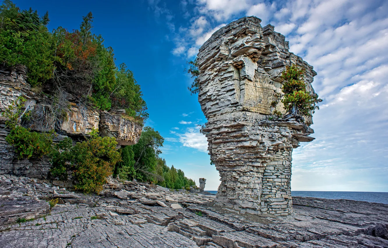 Photo wallpaper sea, the sky, clouds, rocks, monument