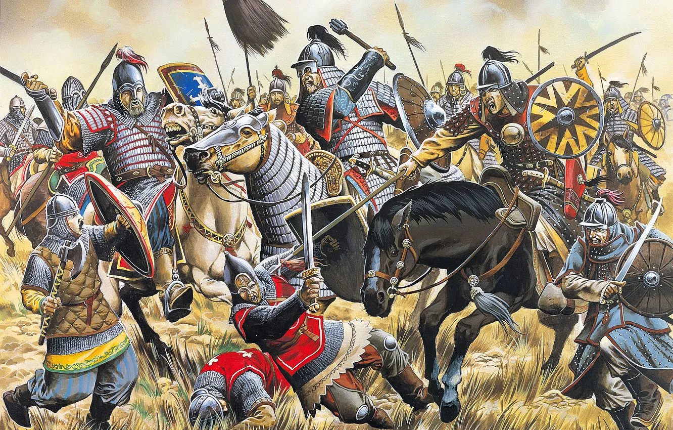 Photo wallpaper horse, warrior, art, soldiers, battle, Russian, Mongol, Battle of Kalka River