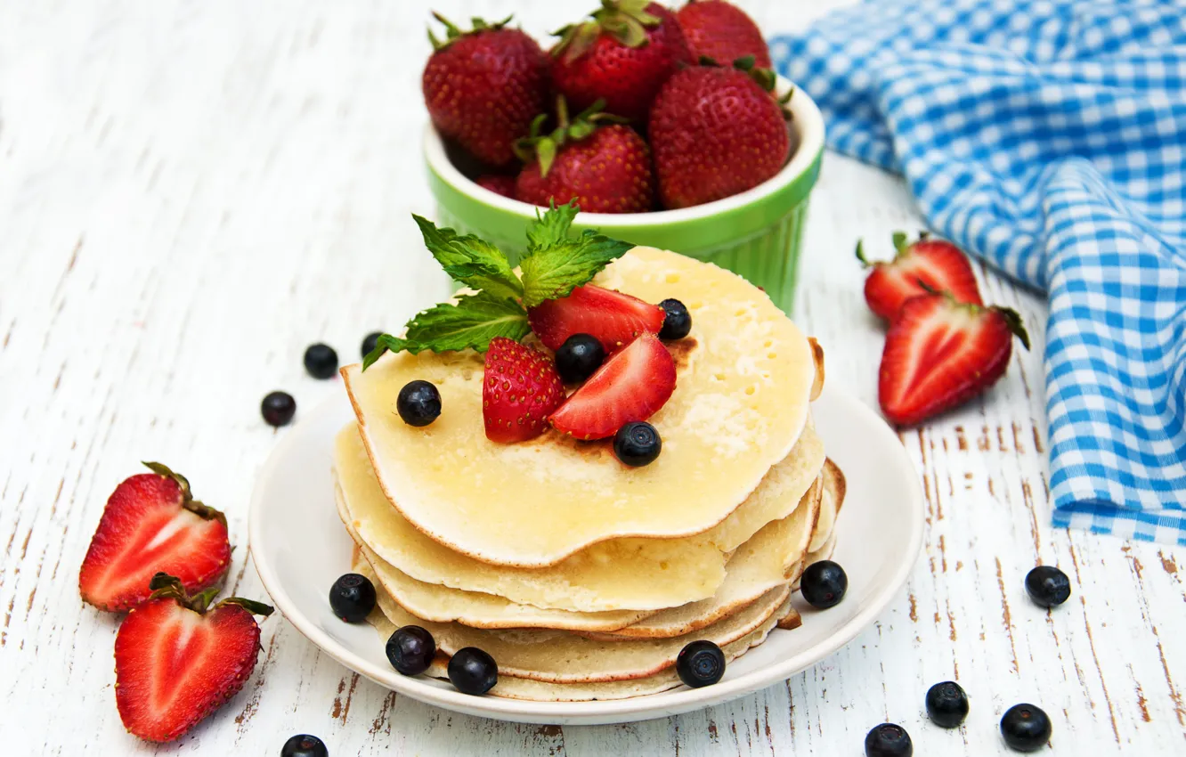Photo wallpaper strawberry, plate, mint, pancakes, zavtrak, Olena Rudo
