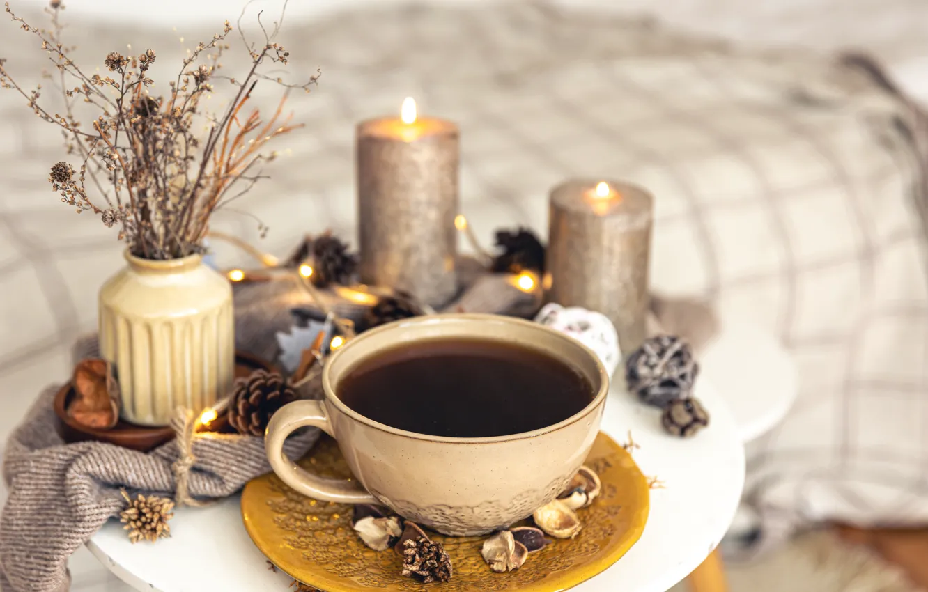 Photo wallpaper tea, candles, Cup