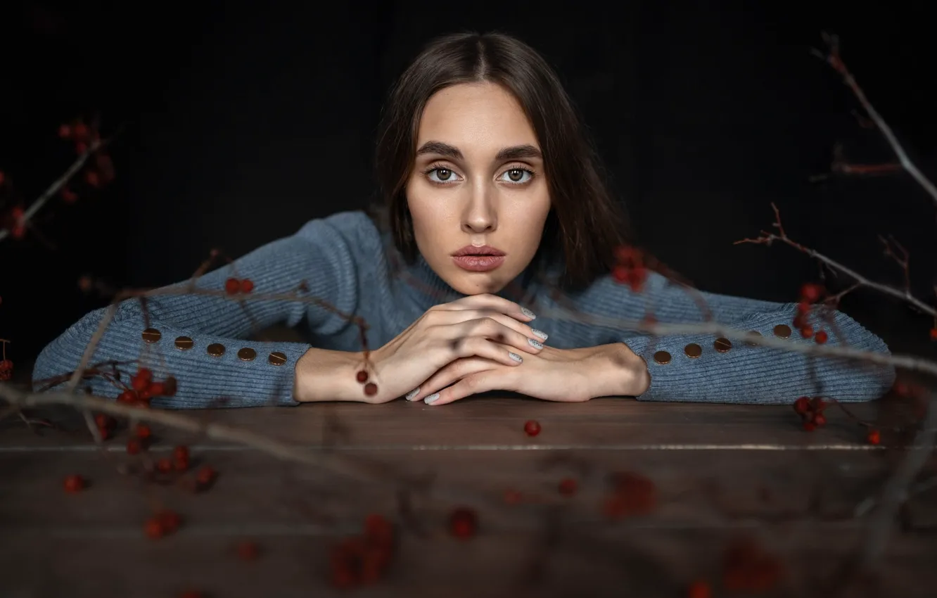 Photo wallpaper look, girl, branches, face, pose, berries, the dark background, table