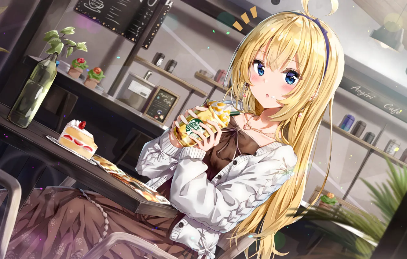 Photo wallpaper girl, coffee, cafe, Cup, cake