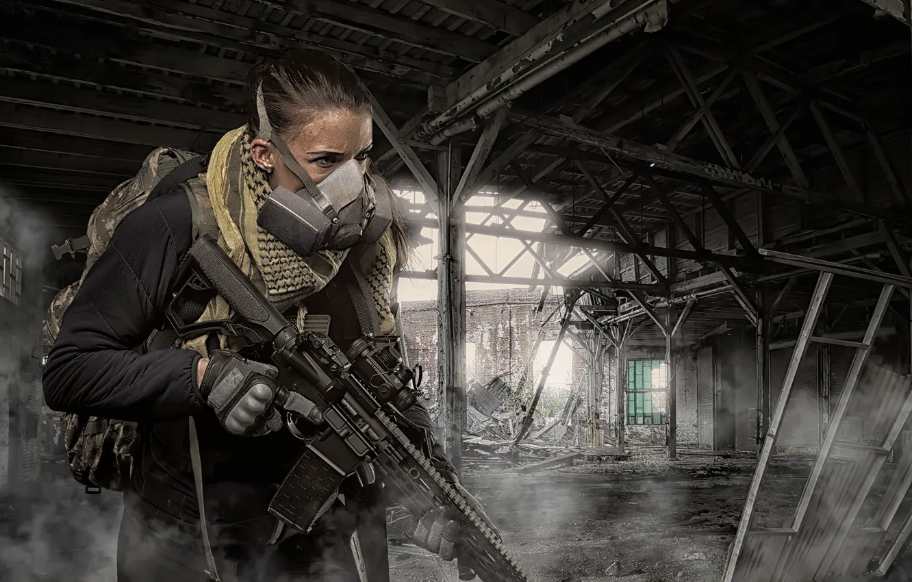 Photo wallpaper girl, weapons, the ruins, optics, assault rifle