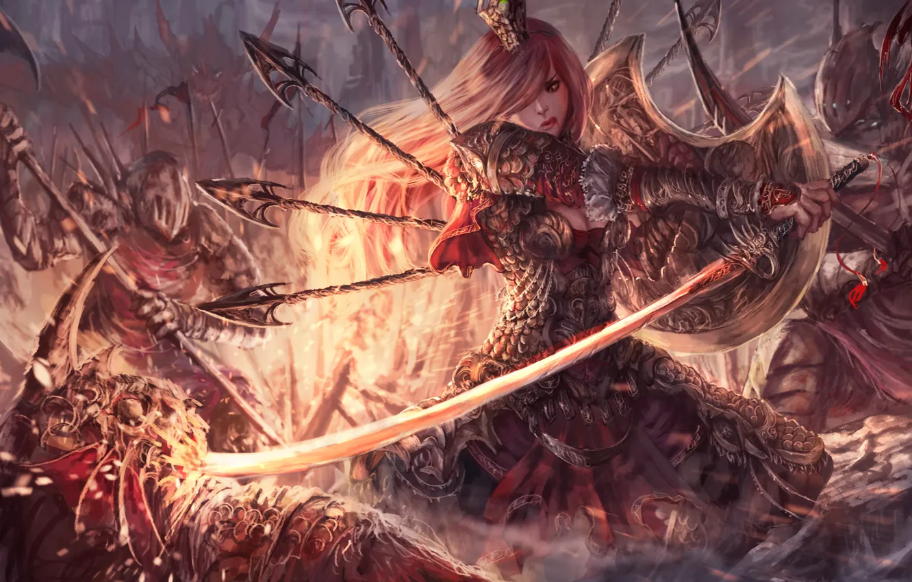 Photo wallpaper girl, weapons, fiction, art, armor, shield, enemies