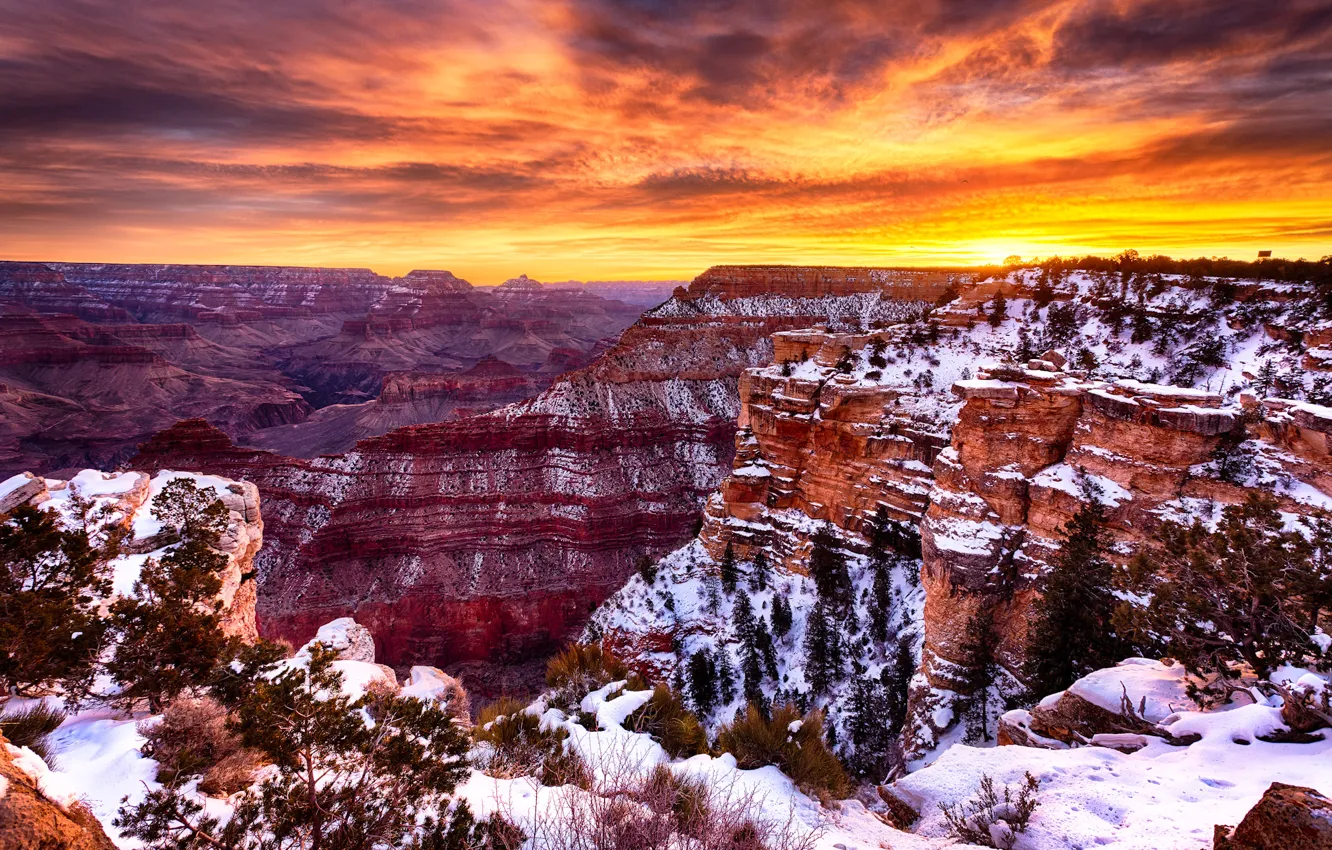 Photo wallpaper the sky, clouds, snow, sunset, canyon, USA, AZ, Grand Canyon