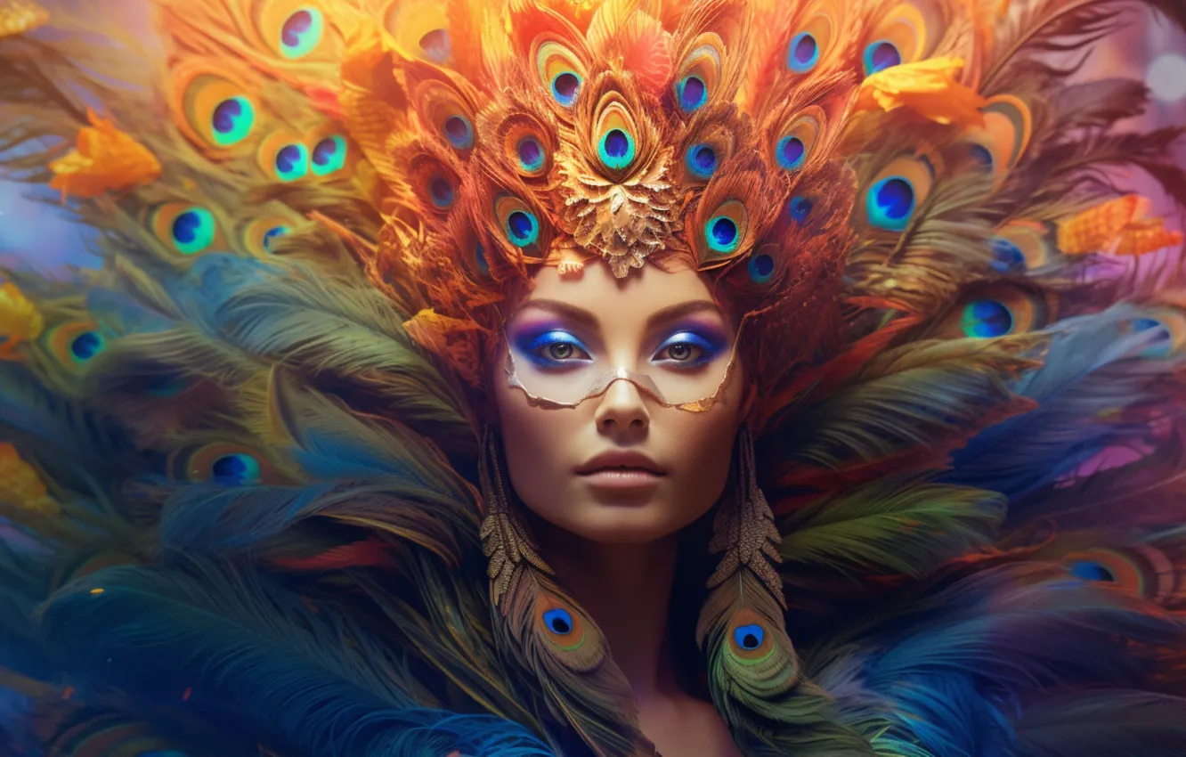 Photo wallpaper look, girl, decoration, face, style, fantasy, bird, portrait