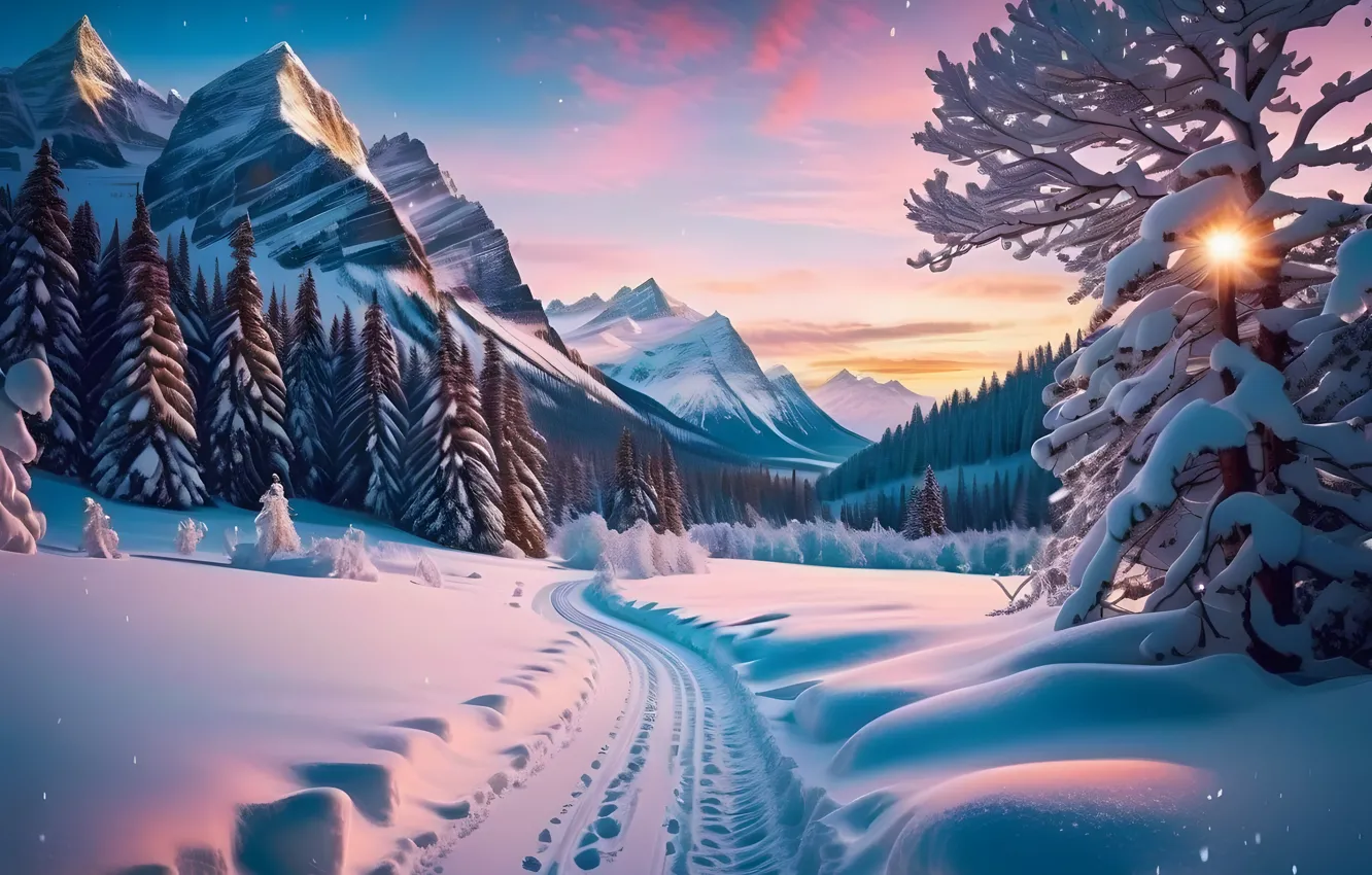 Photo wallpaper winter, frost, road, forest, the sky, the sun, snow, sunset