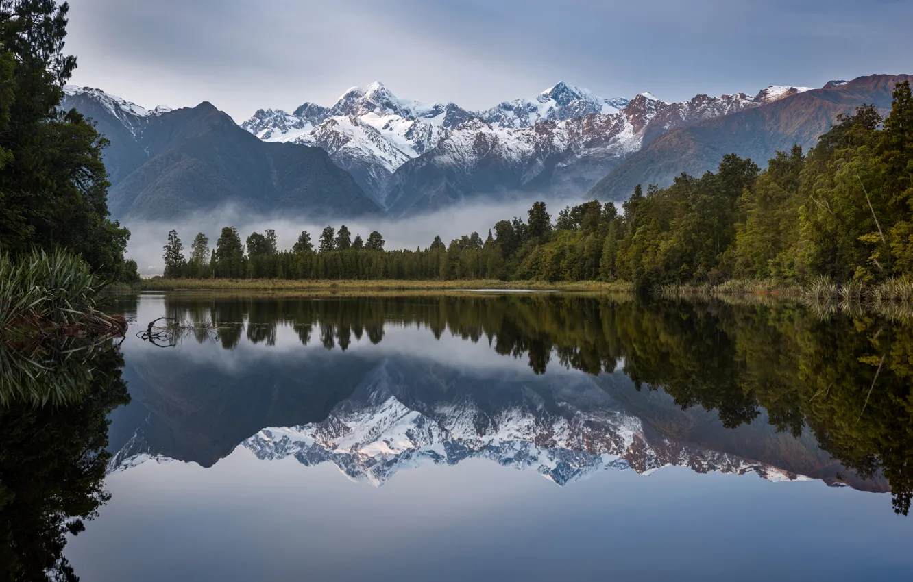 Photo wallpaper forest, mountains, lake, reflection, New Zealand, New Zealand, Lake Matheson, Southern Alps