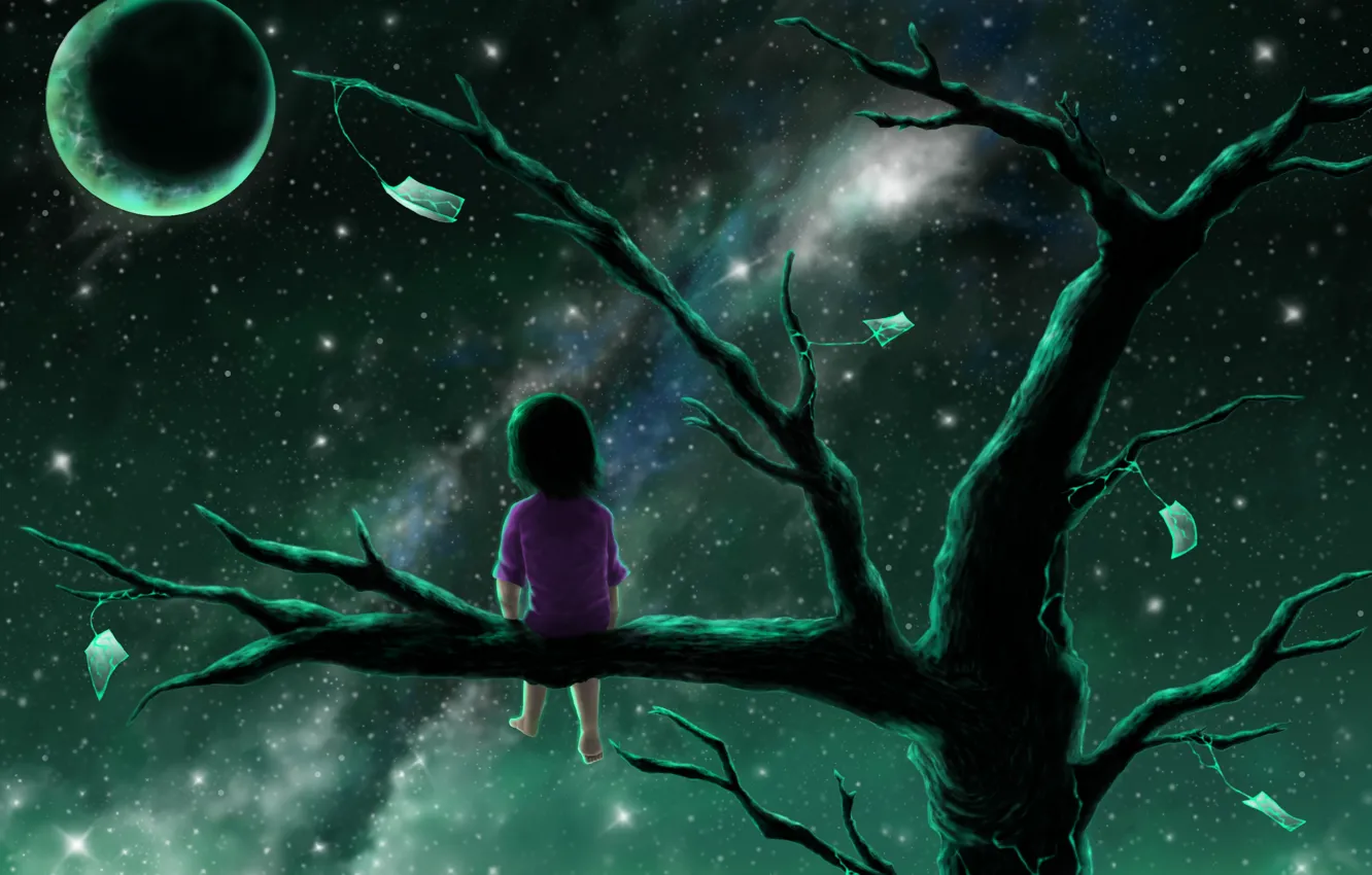 Photo wallpaper night, loneliness, hopelessness, the full moon, baby, longing, on the branch, the milky Way