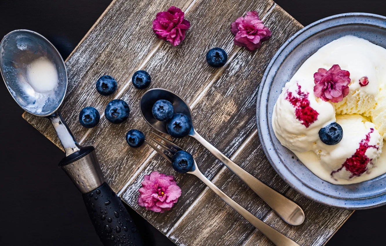 Photo wallpaper berries, spoon, ice cream