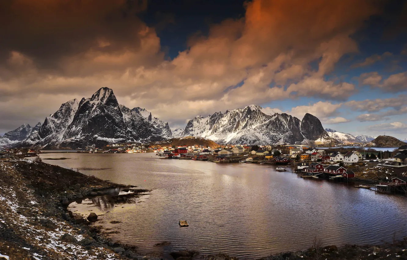 Photo wallpaper winter, mountains, Norway, Bay, the village