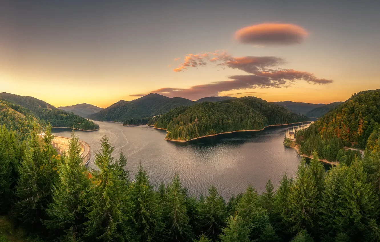 Photo wallpaper forest, clouds, light, sunset, mountains, hills, shore, island