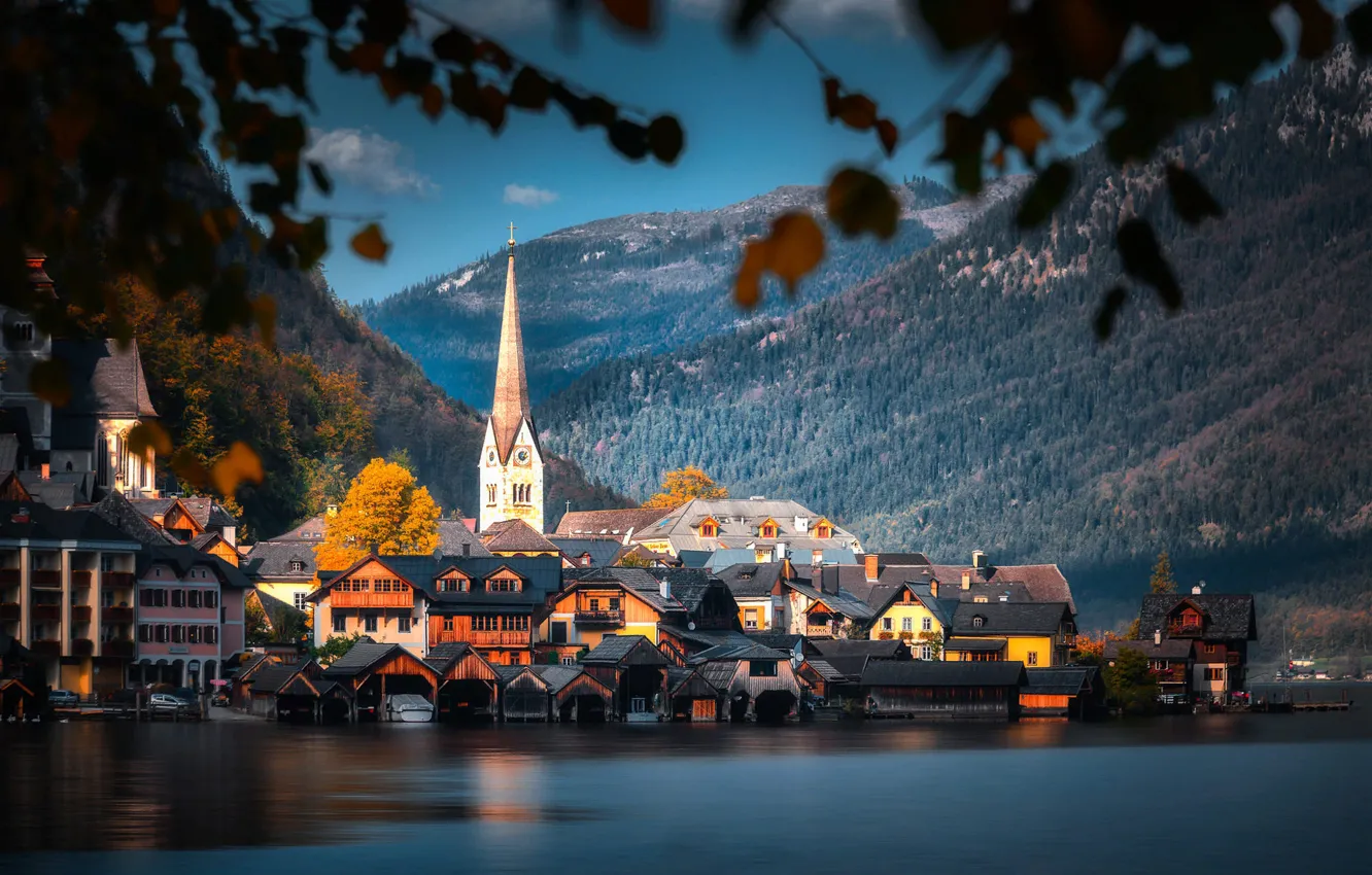 Photo wallpaper branches, lake, tower, home, Austria, lighting, lights, town