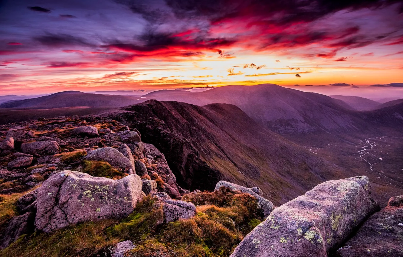 Photo wallpaper clouds, landscape, mountains, stones, glow
