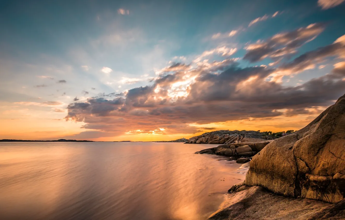 Photo wallpaper sea, the sky, water, clouds, landscape, nature, river, stones
