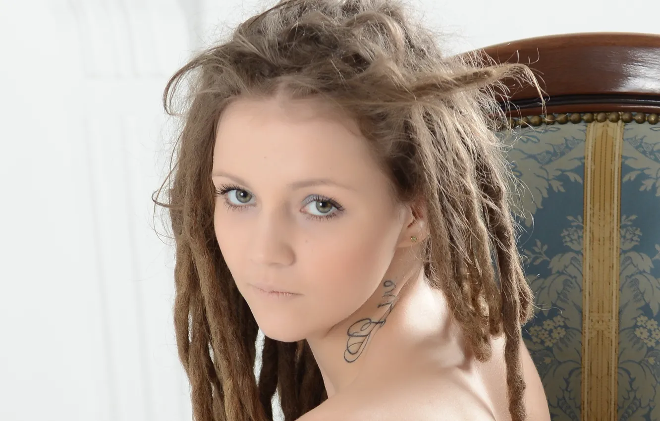 Photo wallpaper look, girl, model, hair, neck, disheveled, tatuirovka, Saxa