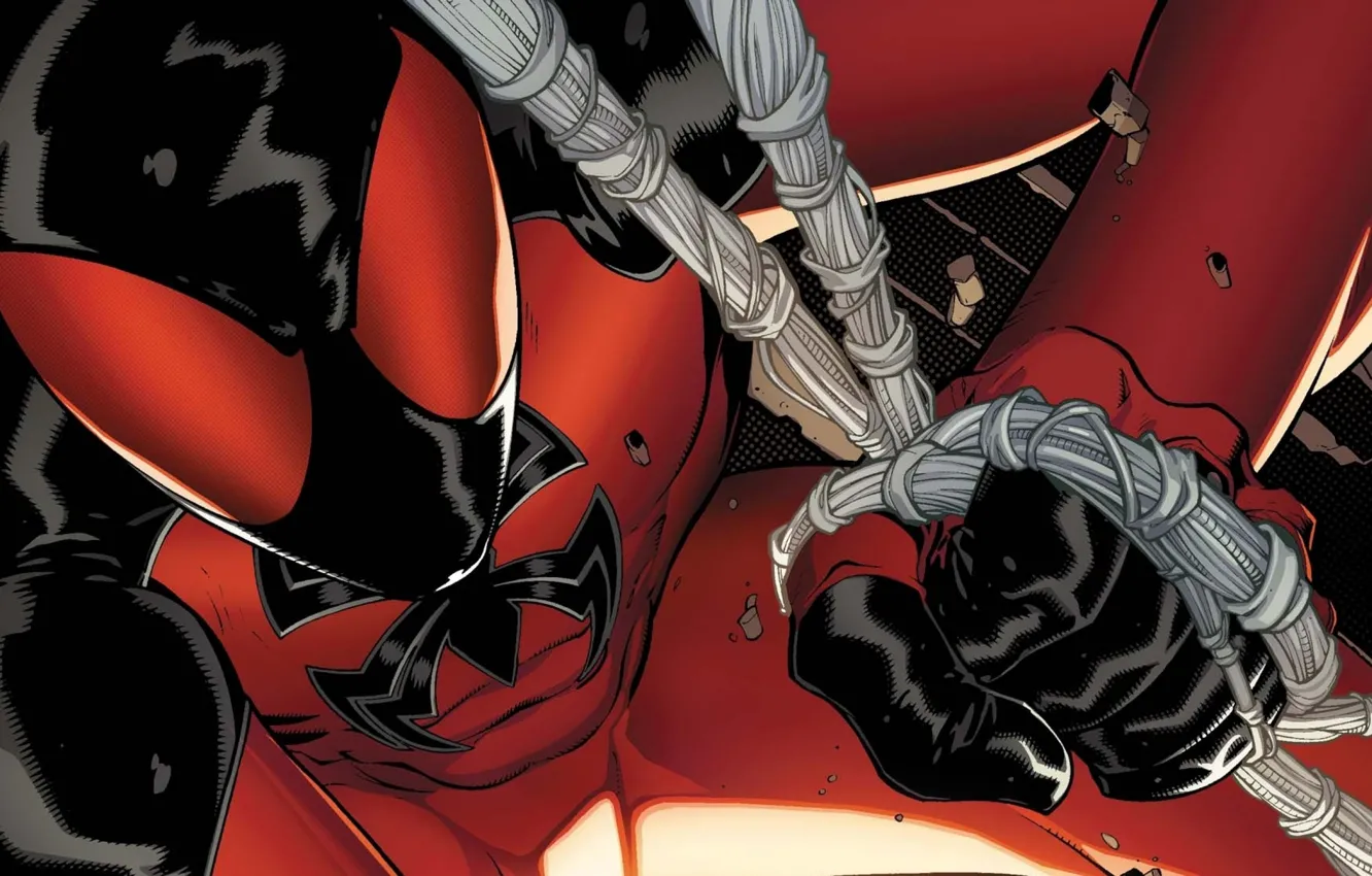 Photo wallpaper red, black, web, mask, hero, costume, red, black