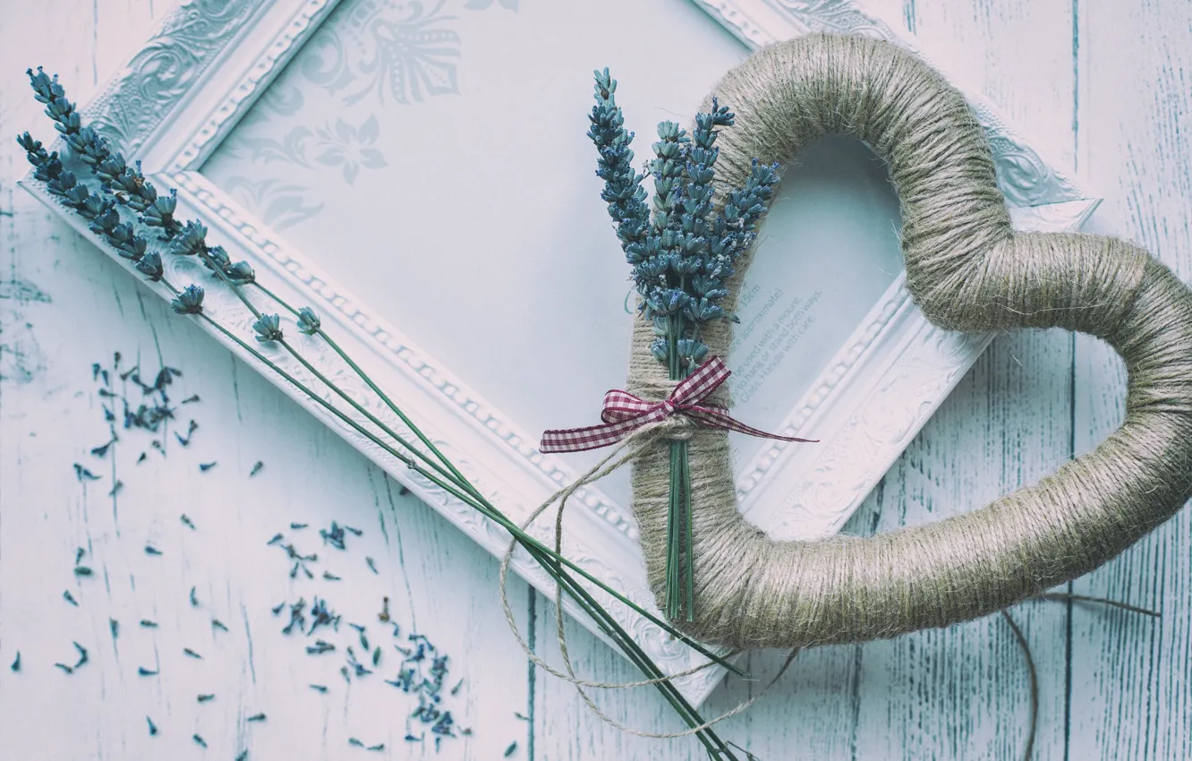 Photo wallpaper heart, frame, thread, lavender