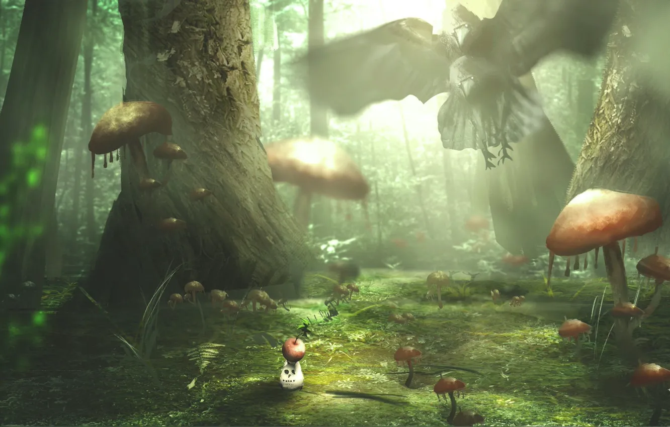 Photo wallpaper forest, owl, apples, crows