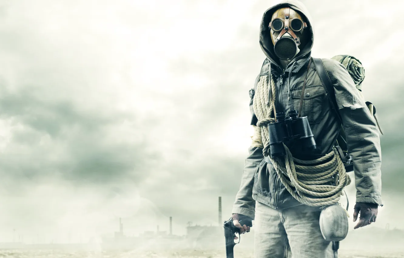 Photo wallpaper fog, gun, rope, pipe, jacket, gas mask, binoculars, Stalker