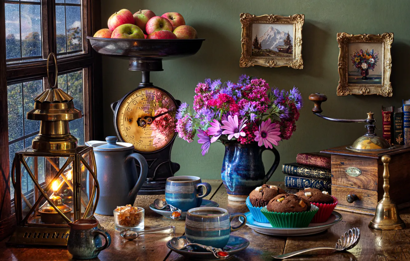 Photo wallpaper flowers, style, apples, lamp, bouquet, picture, lights, mug